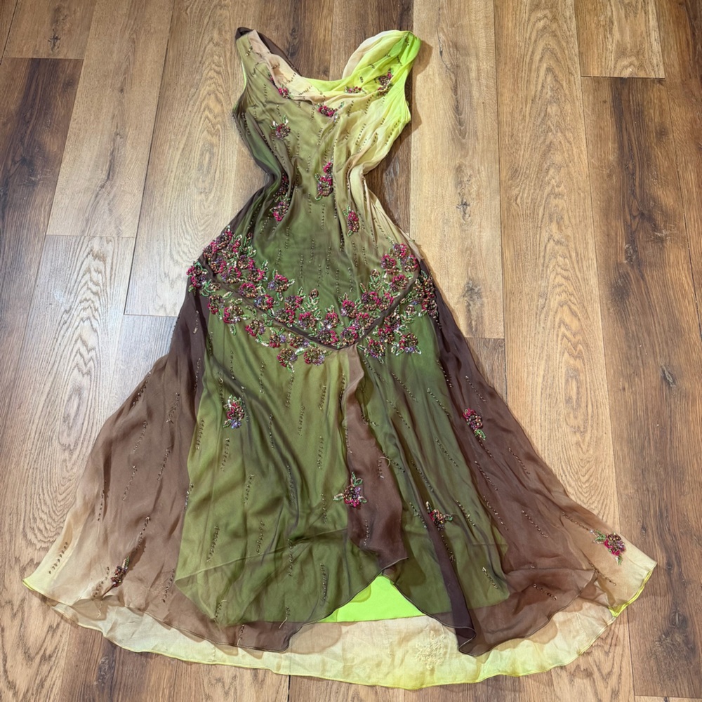 Vintage Y2K 100% Silk Beaded Dress Vintage Beaded Dress Fairy Prom Green Ombré - Picture 8 of 17